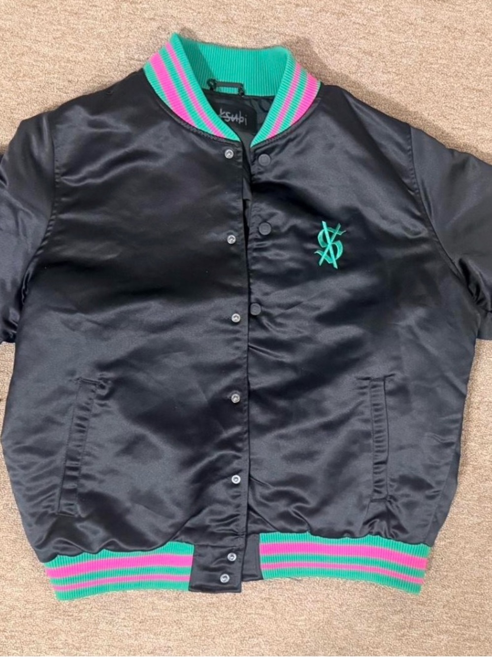 Ksubi Black Satin Bomber Jacket with Green & Pink Trim